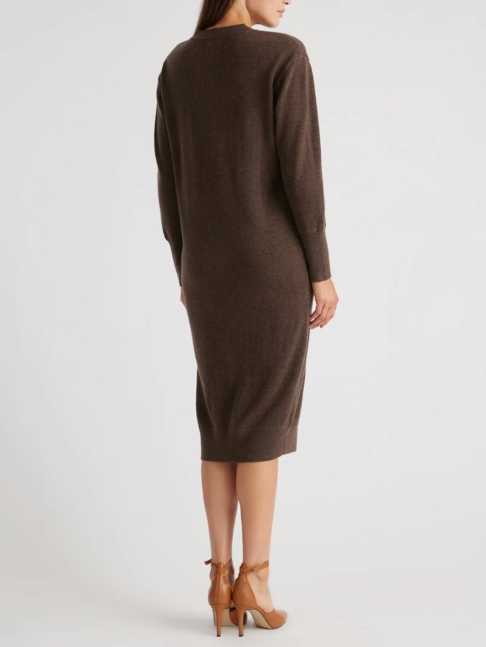 Quince Brown Mongolian Cashmere V-Neck Midi Sweater Dress Medium - Picture 3 of 16